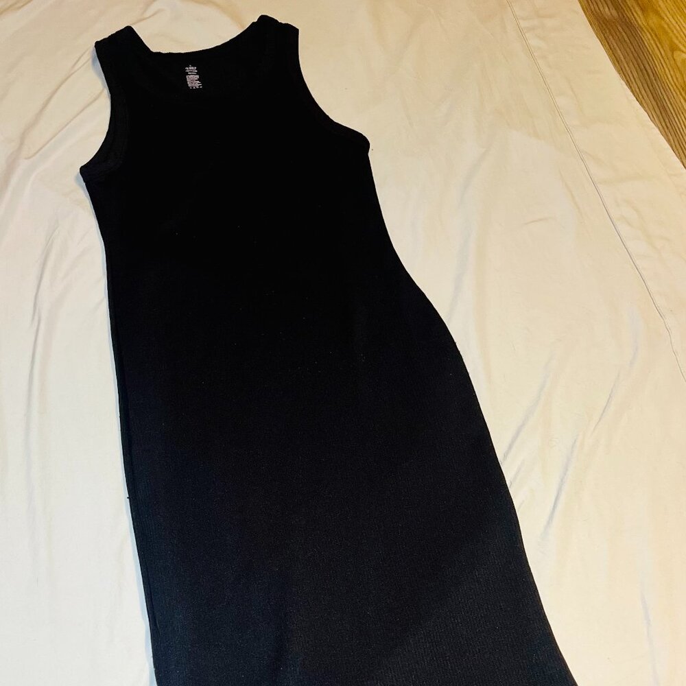 Black Ribbed Tank Bodycon Dress/Fitted Stretch/ Sleevless Minimal